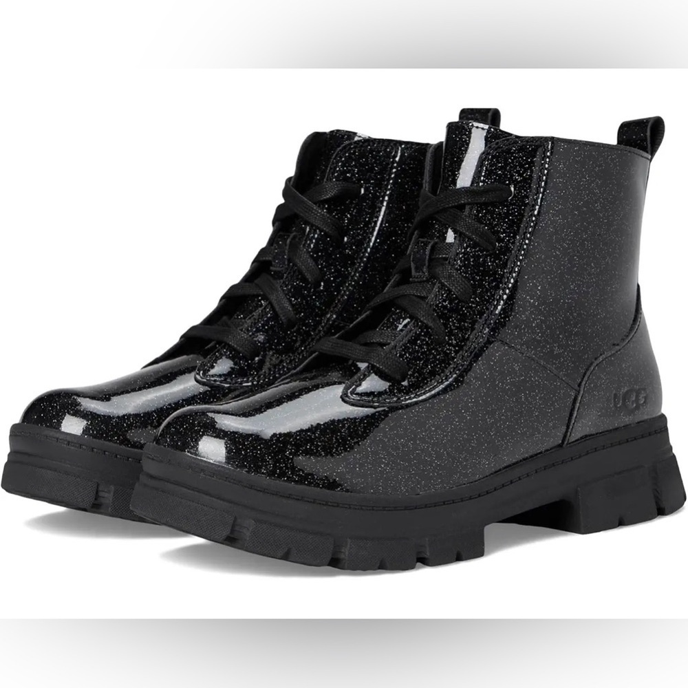 UGG Kids Black Glitter Patent Lace-Up Boots